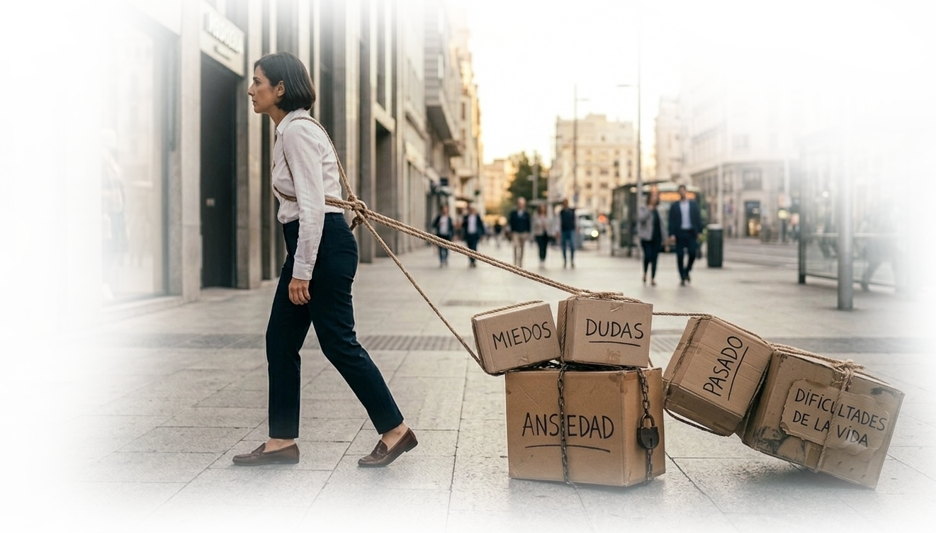 Mujer cargando cajas con miedos, dudas, ansiedad, pasado y dificultades de la vida